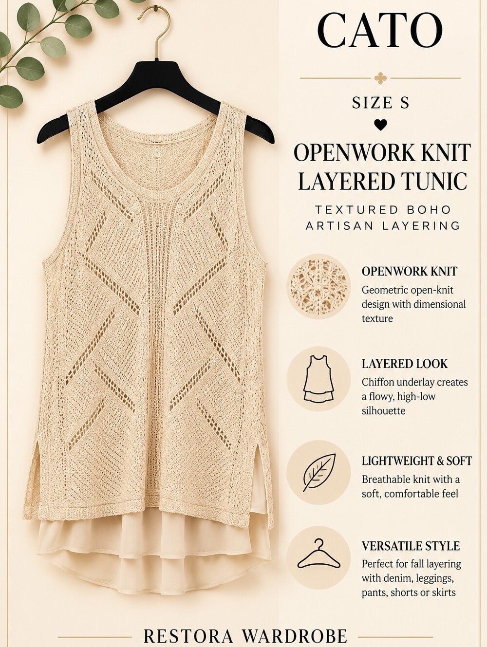 Cato Tunic Top Cream Openwork Knit Layered Chiffon Size S Boho
